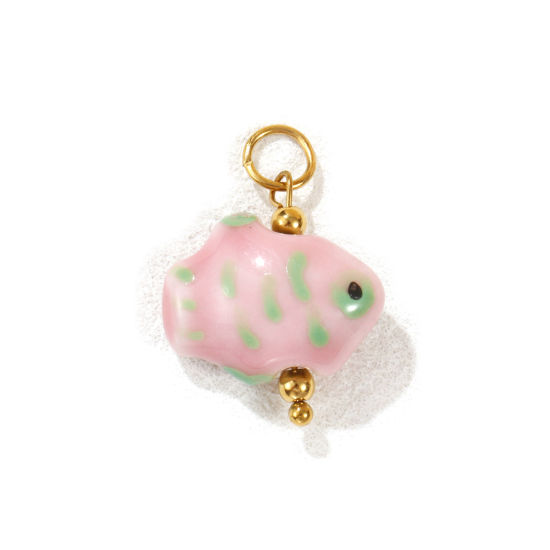 Bild von 1 Stück Umweltfreundliche PVD-Vakuumbeschichtung 304 Edelstahl & Keramik Ozean Schmuck Charms 18K Vergoldet Rosa Fisch Gemalt 25mm x 18mm