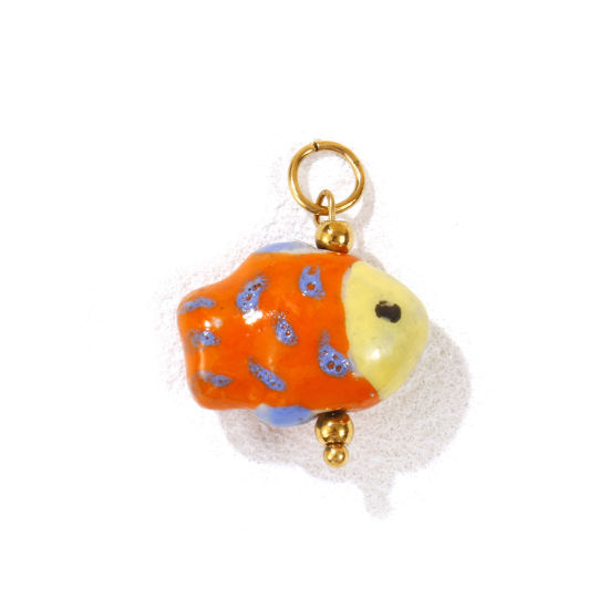 Bild von 1 Stück Umweltfreundliche PVD-Vakuumbeschichtung 304 Edelstahl & Keramik Ozean Schmuck Charms 18K Vergoldet Orange Fisch Gemalt 25mm x 18mm