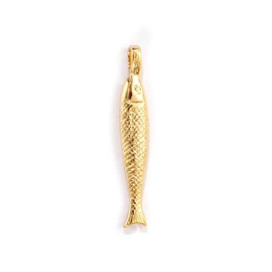 Immagine di 2 PCs Eco-friendly Brass Ocean Jewelry Pendants 18K Real Gold Plated Fish Animal 3D 3.4cm x 0.6cm