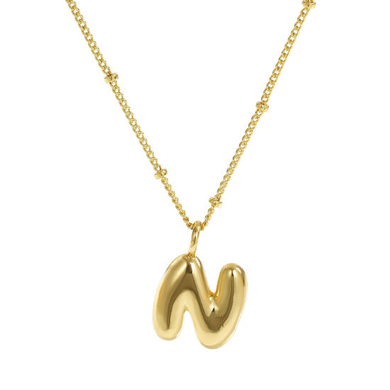 Imagen de 18K Oro Real Chapado Cadenas de Curb Letra Mayúscula Collar con Colgante, Latón 45cm + 5cm, Para Mujeres, Mensaje " N " Exquisito Regalo, Respetuoso del Medio Ambiente, 1 Unidad