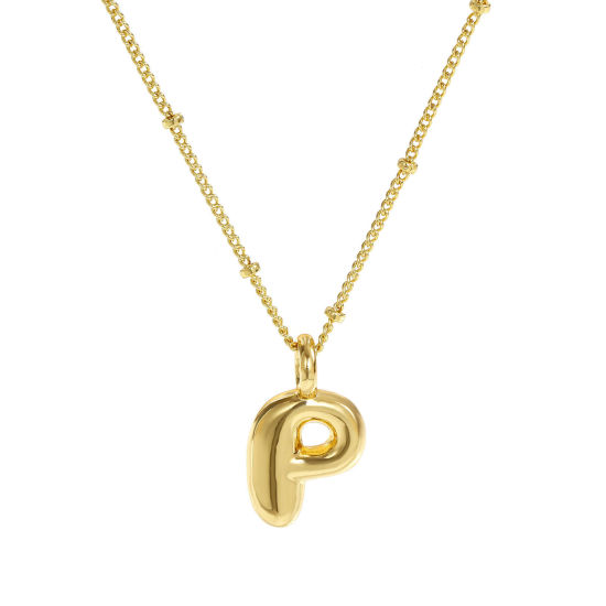 Imagen de 18K Oro Real Chapado Cadenas de Curb Letra Mayúscula Collar con Colgante, Latón 45cm + 5cm, Para Mujeres, Mensaje " P " Exquisito Regalo, Respetuoso del Medio Ambiente, 1 Unidad