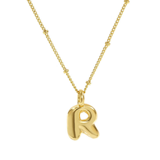 Imagen de 18K Oro Real Chapado Cadenas de Curb Letra Mayúscula Collar con Colgante, Latón 45cm + 5cm, Para Mujeres, Mensaje " R " Exquisito Regalo, Respetuoso del Medio Ambiente, 1 Unidad
