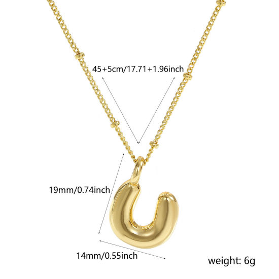 Imagen de 18K Oro Real Chapado Cadenas de Curb Letra Mayúscula Collar con Colgante, Latón 45cm + 5cm, Para Mujeres, Mensaje " U " Exquisito Regalo, Respetuoso del Medio Ambiente, 1 Unidad
