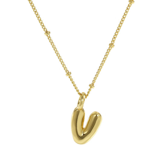 Imagen de 18K Oro Real Chapado Cadenas de Curb Letra Mayúscula Collar con Colgante, Latón 45cm + 5cm, Para Mujeres, Mensaje " V " Exquisito Regalo, Respetuoso del Medio Ambiente, 1 Unidad