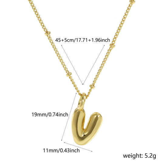 Imagen de 18K Oro Real Chapado Cadenas de Curb Letra Mayúscula Collar con Colgante, Latón 45cm + 5cm, Para Mujeres, Mensaje " V " Exquisito Regalo, Respetuoso del Medio Ambiente, 1 Unidad