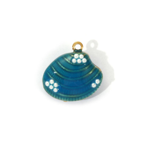 Bild von 1 Piece Eco-friendly PVD Vacuum Plating 304 Stainless Steel Charms 18K Real Gold Plated Lake Blue Enamel Shell Acrylic Imitation Pearl 19mm x 19mm