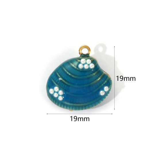 Bild von 1 Piece Eco-friendly PVD Vacuum Plating 304 Stainless Steel Charms 18K Real Gold Plated Lake Blue Enamel Shell Acrylic Imitation Pearl 19mm x 19mm
