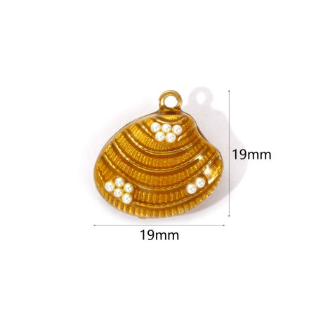 Picture of 1 Piece Eco-friendly PVD Vacuum Plating Waterproof Anti-Tarnish Hypoallergenic 304 Stainless Steel Charms 18K Real Gold Plated Golden Enamel Shell Acrylic Imitation Pearl 19mm x 19mm
