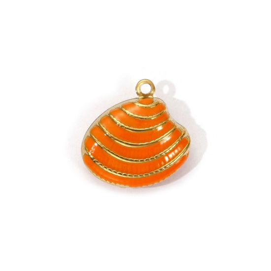 Bild von 1 Piece Eco-friendly PVD Vacuum Plating 304 Stainless Steel Charms 18K Real Gold Plated Orange Enamel Shell Stripe 19mm x 19mm