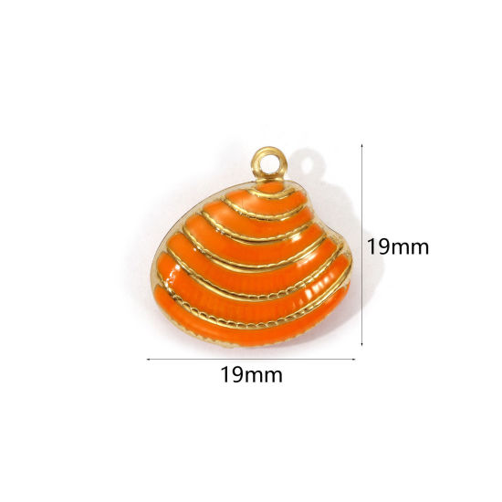 Bild von 1 Piece Eco-friendly PVD Vacuum Plating 304 Stainless Steel Charms 18K Real Gold Plated Orange Enamel Shell Stripe 19mm x 19mm