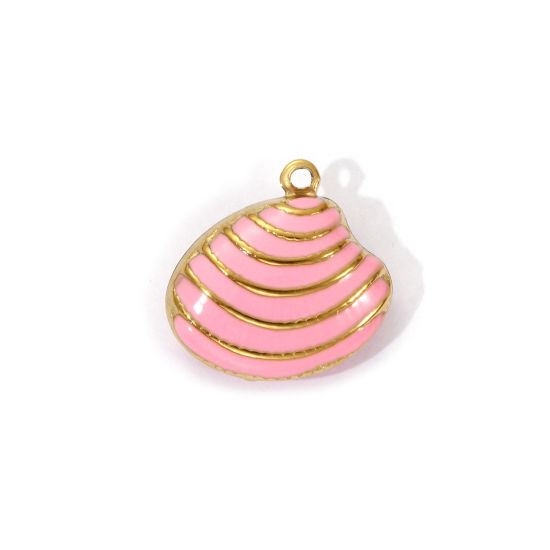 Bild von 1 Piece Eco-friendly PVD Vacuum Plating 304 Stainless Steel Charms 18K Real Gold Plated Pink Enamel Shell Stripe 19mm x 19mm