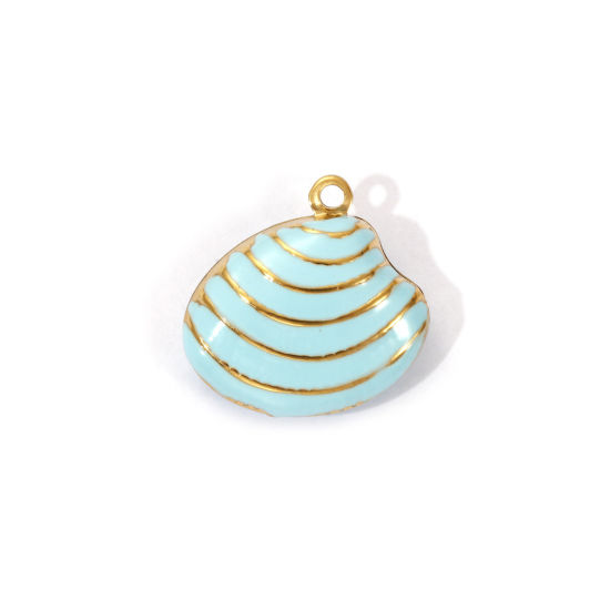 Bild von 1 Piece Eco-friendly PVD Vacuum Plating 304 Stainless Steel Charms 18K Real Gold Plated Blue Enamel Shell Stripe 19mm x 19mm
