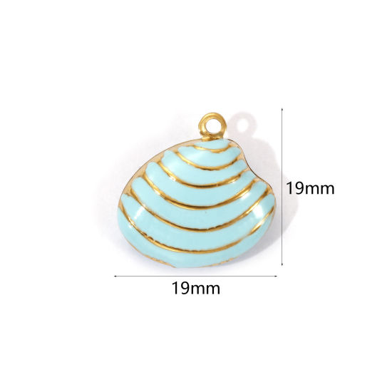 Bild von 1 Piece Eco-friendly PVD Vacuum Plating 304 Stainless Steel Charms 18K Real Gold Plated Blue Enamel Shell Stripe 19mm x 19mm