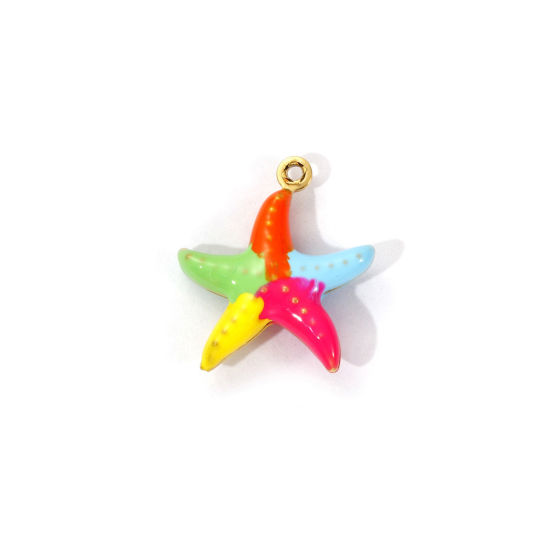 Bild von 1 Piece Eco-friendly PVD Vacuum Plating 304 Stainless Steel Ocean Jewelry Charms 18K Real Gold Plated Multicolor Enamel Star Fish 3D 18mm x 16mm