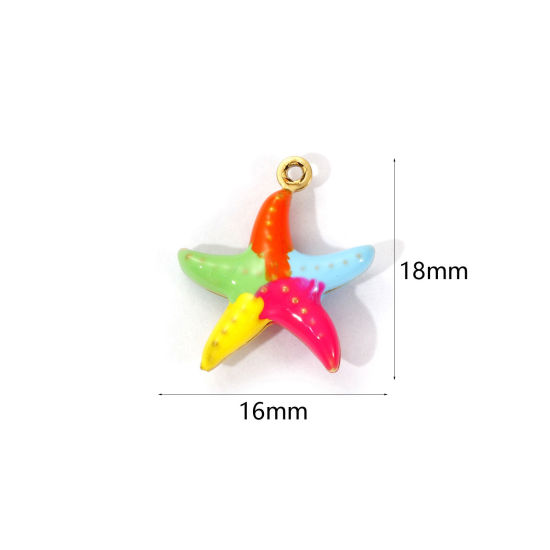 Bild von 1 Piece Eco-friendly PVD Vacuum Plating 304 Stainless Steel Ocean Jewelry Charms 18K Real Gold Plated Multicolor Enamel Star Fish 3D 18mm x 16mm