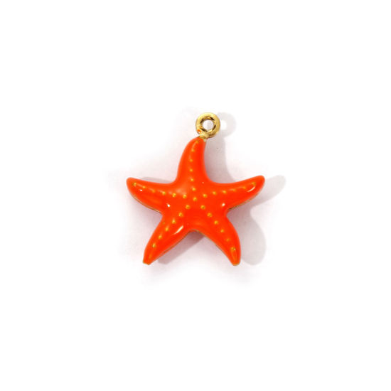 Bild von 1 Piece Eco-friendly PVD Vacuum Plating 304 Stainless Steel Ocean Jewelry Charms 18K Real Gold Plated Orange Enamel Star Fish 3D 18mm x 16mm