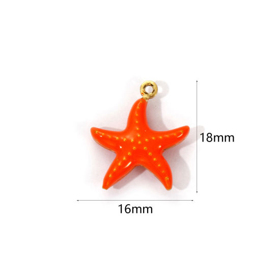 Bild von 1 Piece Eco-friendly PVD Vacuum Plating 304 Stainless Steel Ocean Jewelry Charms 18K Real Gold Plated Orange Enamel Star Fish 3D 18mm x 16mm