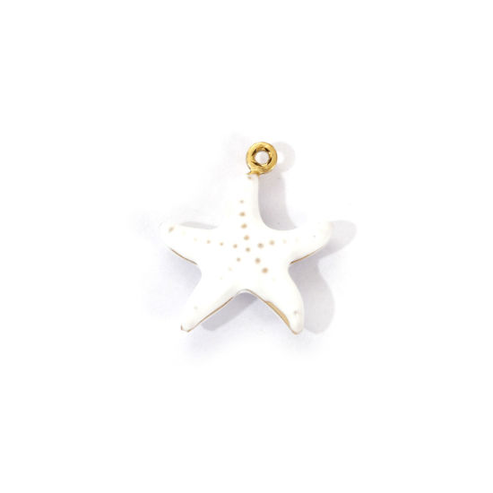 Bild von 1 Piece Eco-friendly PVD Vacuum Plating 304 Stainless Steel Ocean Jewelry Charms 18K Real Gold Plated White Enamel Star Fish 3D 18mm x 16mm