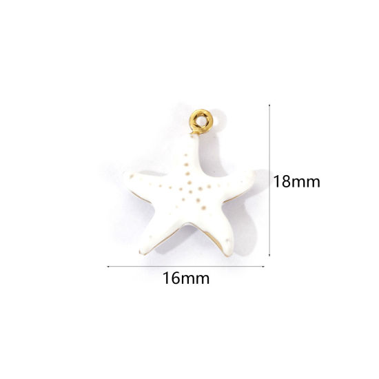 Bild von 1 Piece Eco-friendly PVD Vacuum Plating 304 Stainless Steel Ocean Jewelry Charms 18K Real Gold Plated White Enamel Star Fish 3D 18mm x 16mm