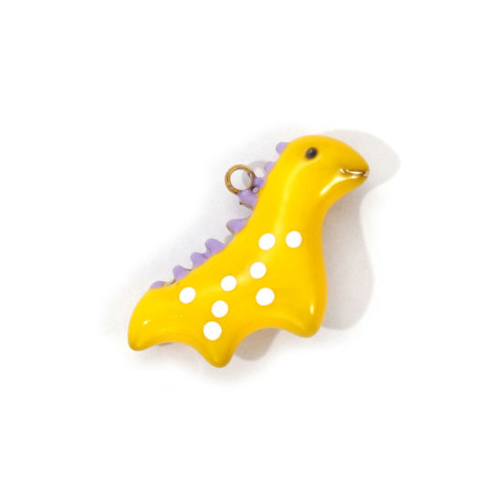 Picture of 1 Piece Eco-friendly PVD Vacuum Plating 304 Stainless Steel Charms 18K Real Gold Plated Yellow Enamel Dinosaur Animal 3D 22mm x 15.5mm