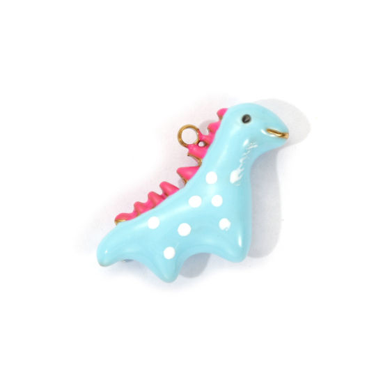 Picture of 1 Piece Eco-friendly PVD Vacuum Plating 304 Stainless Steel Charms 18K Real Gold Plated Blue Enamel Dinosaur Animal 3D 22mm x 15.5mm