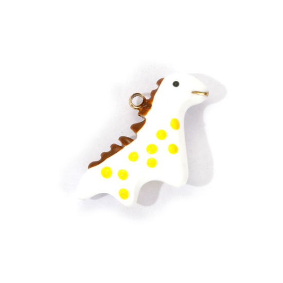 Picture of 1 Piece Eco-friendly PVD Vacuum Plating 304 Stainless Steel Charms 18K Real Gold Plated White Enamel Dinosaur Animal 3D 22mm x 15.5mm