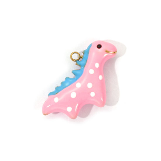 Picture of 1 Piece Eco-friendly PVD Vacuum Plating 304 Stainless Steel Charms 18K Real Gold Plated Pink Enamel Dinosaur Animal 3D 22mm x 15.5mm