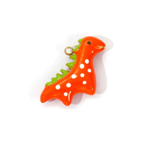 Picture of 1 Piece Eco-friendly PVD Vacuum Plating 304 Stainless Steel Charms 18K Real Gold Plated Orange Enamel Dinosaur Animal 3D 22mm x 15.5mm