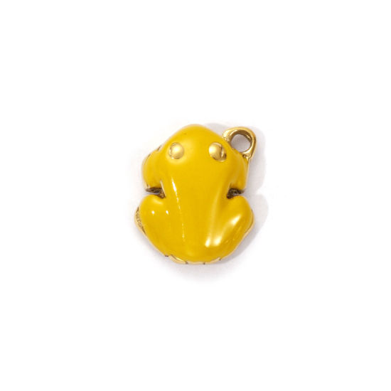 Picture of 1 Piece Eco-friendly PVD Vacuum Plating 304 Stainless Steel Charms 18K Real Gold Plated Yellow Enamel Frog Animal 3D 12mm x 10mm
