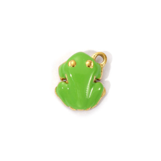 Picture of 1 Piece Eco-friendly PVD Vacuum Plating 304 Stainless Steel Charms 18K Real Gold Plated Green Enamel Frog Animal 3D 12mm x 10mm