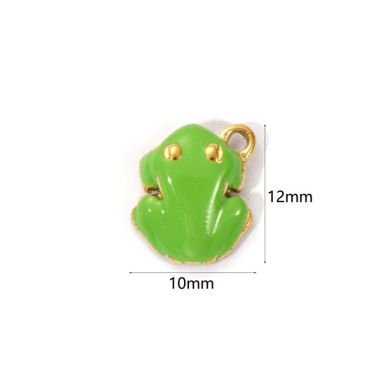 Picture of 1 Piece Eco-friendly PVD Vacuum Plating 304 Stainless Steel Charms 18K Real Gold Plated Green Enamel Frog Animal 3D 12mm x 10mm
