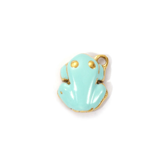 Picture of 1 Piece Eco-friendly PVD Vacuum Plating 304 Stainless Steel Charms 18K Real Gold Plated Mint Green Enamel Frog Animal 3D 12mm x 10mm
