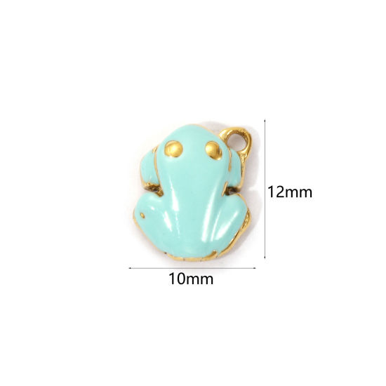 Picture of 1 Piece Eco-friendly PVD Vacuum Plating 304 Stainless Steel Charms 18K Real Gold Plated Mint Green Enamel Frog Animal 3D 12mm x 10mm