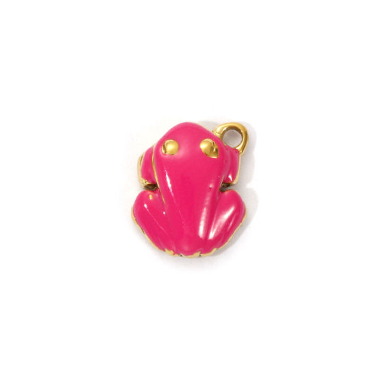 Picture of 1 Piece Eco-friendly PVD Vacuum Plating 304 Stainless Steel Charms 18K Real Gold Plated Fuchsia Enamel Frog Animal 3D 12mm x 10mm
