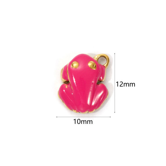 Picture of 1 Piece Eco-friendly PVD Vacuum Plating 304 Stainless Steel Charms 18K Real Gold Plated Fuchsia Enamel Frog Animal 3D 12mm x 10mm