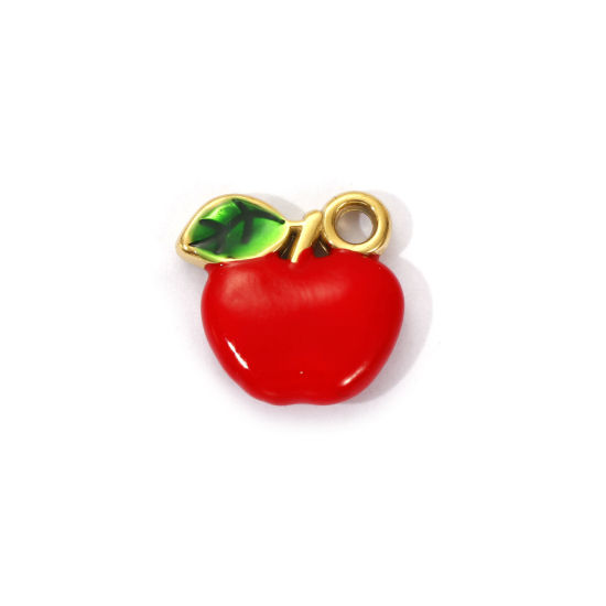1 Piece Eco-friendly PVD Vacuum Plating 304 Stainless Steel Charms 18K Real Gold Plated Red Enamel Apple Fruit Double Sided 15mm x 15mm の画像