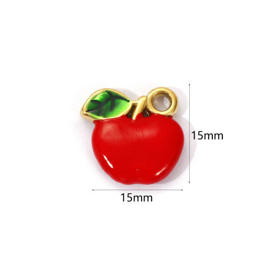 1 Piece Eco-friendly PVD Vacuum Plating 304 Stainless Steel Charms 18K Real Gold Plated Red Enamel Apple Fruit Double Sided 15mm x 15mm の画像