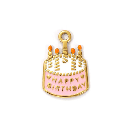 1 Piece Eco-friendly PVD Vacuum Plating 304 Stainless Steel Charms 18K Real Gold Plated Pink Enamel Cake Candle Message " HAPPY BIRTHDAY " 22.5mm x 15mm の画像