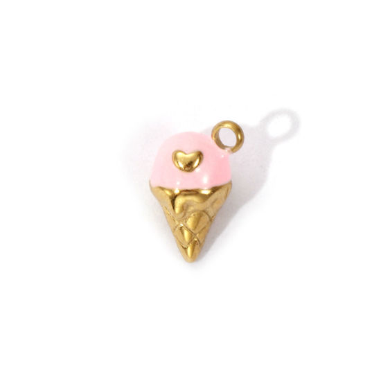 1 Piece Eco-friendly PVD Vacuum Plating 304 Stainless Steel Charms 18K Real Gold Plated Pink Enamel Ice Cream Heart 3D 11mm x 7mm の画像