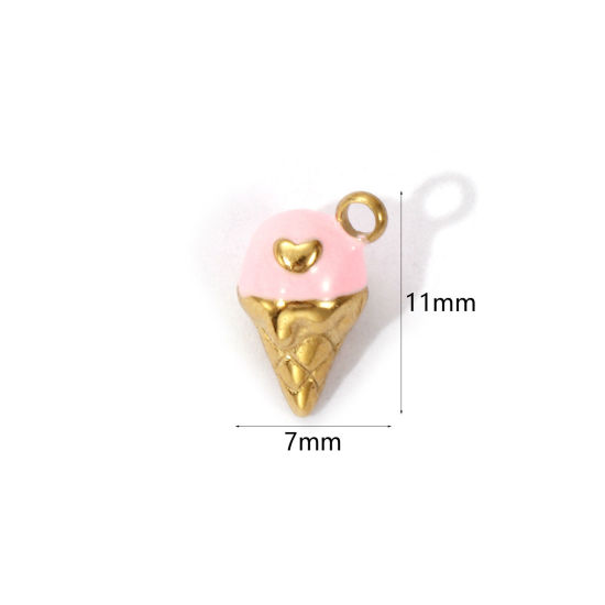 1 Piece Eco-friendly PVD Vacuum Plating 304 Stainless Steel Charms 18K Real Gold Plated Pink Enamel Ice Cream Heart 3D 11mm x 7mm の画像