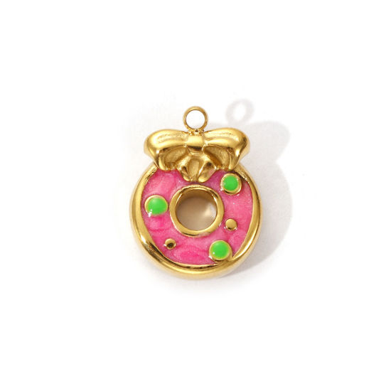 1 Piece Eco-friendly PVD Vacuum Plating 304 Stainless Steel Charms 18K Real Gold Plated Pink Enamel Donut Bowknot 16mm x 12.5mm の画像