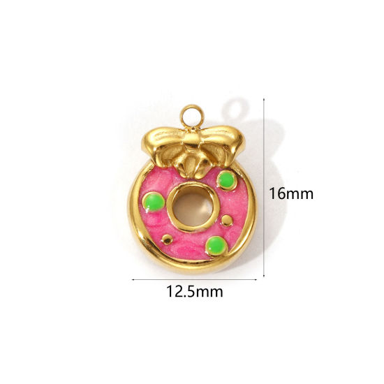 1 Piece Eco-friendly PVD Vacuum Plating 304 Stainless Steel Charms 18K Real Gold Plated Pink Enamel Donut Bowknot 16mm x 12.5mm の画像