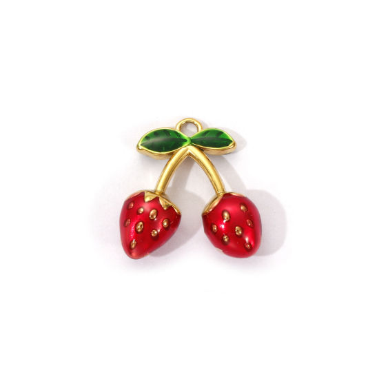 1 Piece Eco-friendly PVD Vacuum Plating 304 Stainless Steel Charms 18K Real Gold Plated Red Enamel Strawberry Fruit 3D 17mm x 16mm の画像