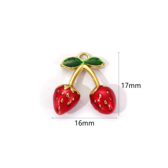 1 Piece Eco-friendly PVD Vacuum Plating 304 Stainless Steel Charms 18K Real Gold Plated Red Enamel Strawberry Fruit 3D 17mm x 16mm の画像
