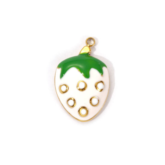 1 Piece Eco-friendly PVD Vacuum Plating 304 Stainless Steel Charms 18K Real Gold Plated White Enamel Strawberry Fruit 21mm x 13mm の画像