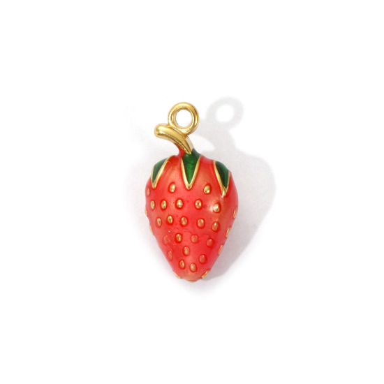 1 Piece Eco-friendly PVD Vacuum Plating 304 Stainless Steel Charms 18K Real Gold Plated Light Salmon Enamel Strawberry Fruit 3D 19mm x 10mm の画像