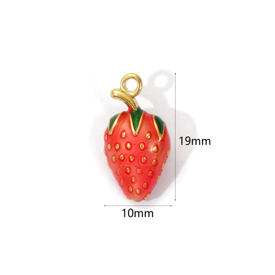 1 Piece Eco-friendly PVD Vacuum Plating 304 Stainless Steel Charms 18K Real Gold Plated Light Salmon Enamel Strawberry Fruit 3D 19mm x 10mm の画像