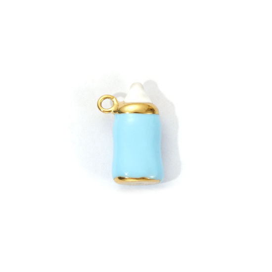 Picture of 1 Piece Eco-friendly PVD Vacuum Plating 304 Stainless Steel Baby Shower Charms 18K Real Gold Plated Blue Enamel Milk Bottle 3D 15mm x 9mm