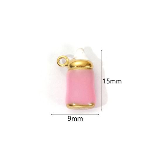 Picture of 1 Piece Eco-friendly PVD Vacuum Plating 304 Stainless Steel Baby Shower Charms 18K Real Gold Plated Pink Enamel Milk Bottle 3D 15mm x 9mm