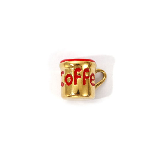 Picture of 1 Piece Eco-friendly PVD Vacuum Plating 304 Stainless Steel Charms 18K Real Gold Plated Red Enamel Cup Message " COFFEE " 3D 13mm x 10mm